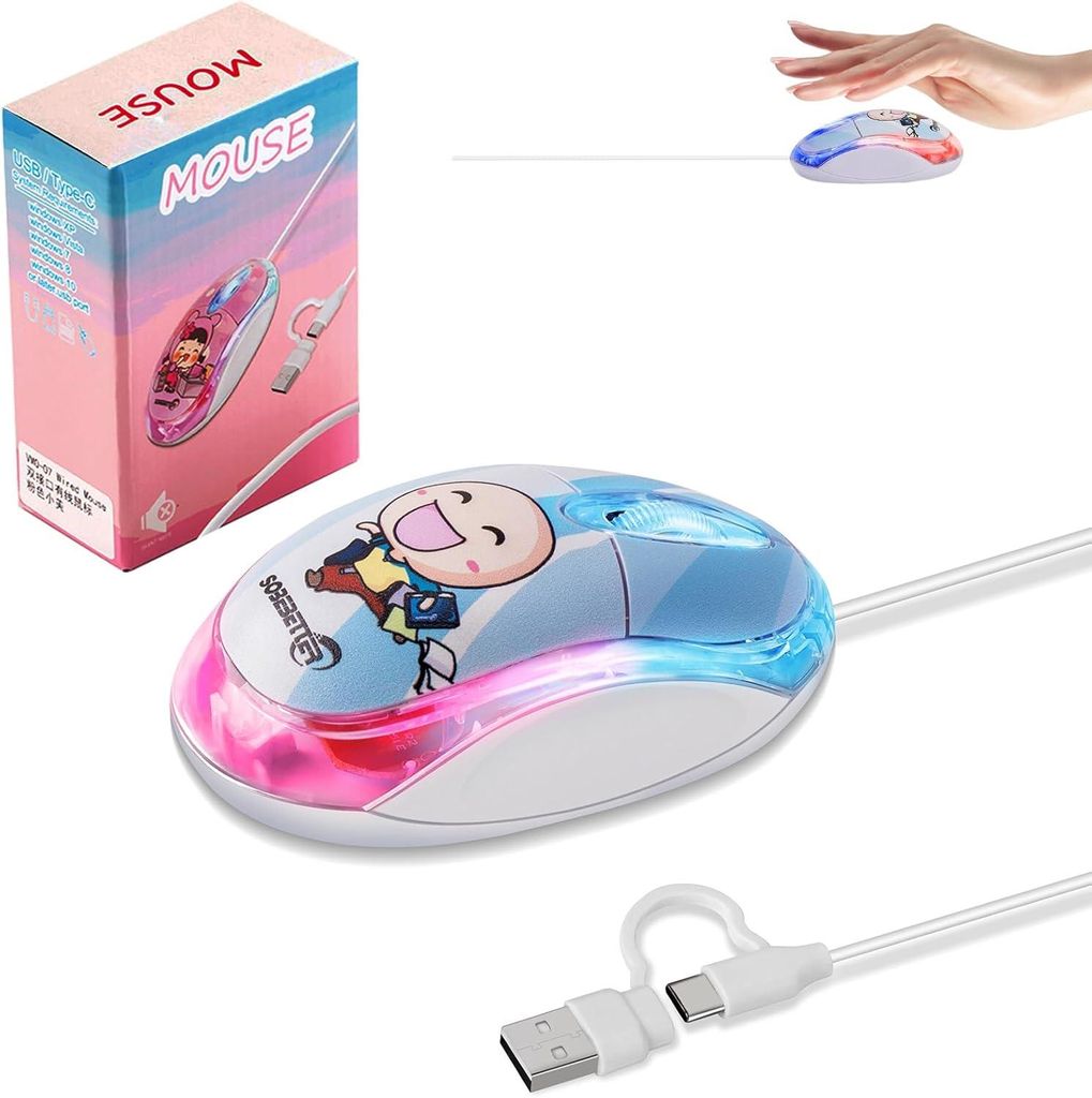 Maus mit Kabel USB C & USB A 2-in-1 Kabelgebunden mit 7-farbige LED-Hintergrundbeleuchtung,1000D-PI Mini Leiser Klick für Kinder PC,Laptop,Mac,Win...
