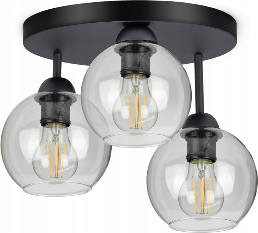 Plafond, Deckenleuchte mit 3 Lichtquellen, Glasschirme in schwarz, transparent, 3x E27