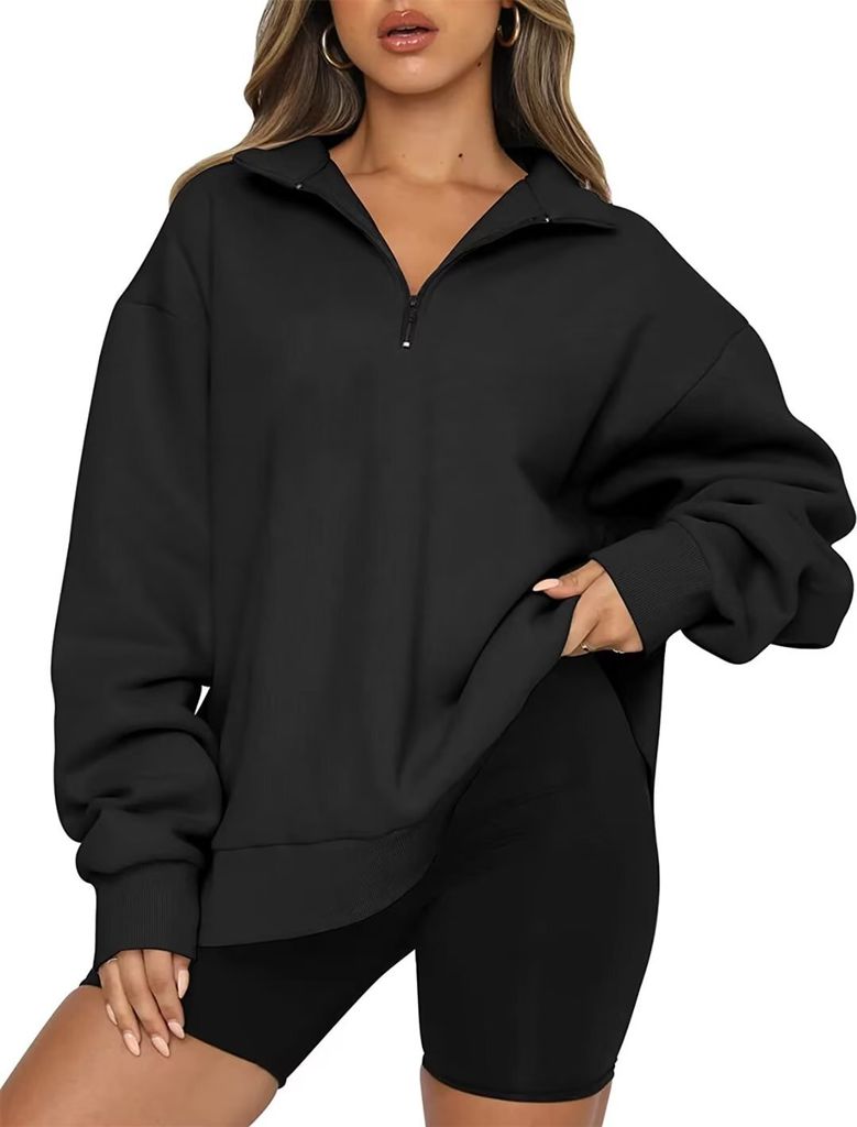 ASKSA Damen Sweatshirts 1/4 Reißverschluss Pullover Langarm Oversized Tunika Oberteil Tops, Schwarz, S