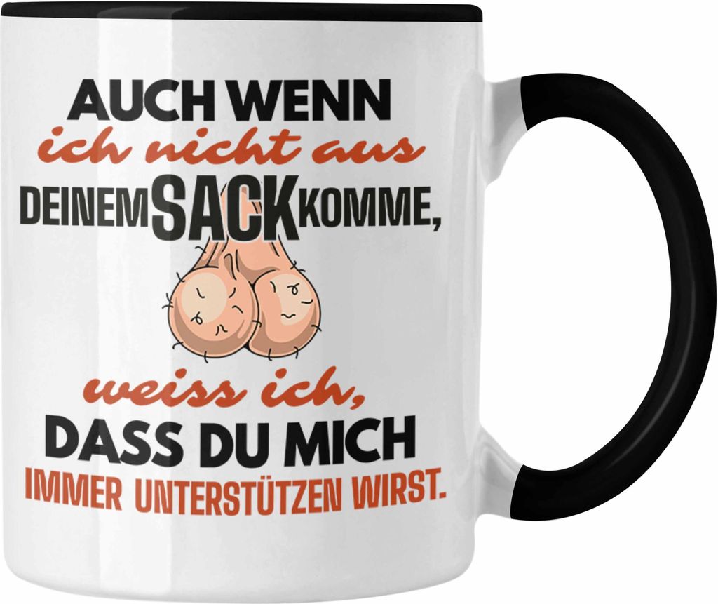 Trendation - Stiefvater Geschenk Tasse Vatertag Lustiger Spruch Auch Wenn Ich Nicht Aus Deinem Sack Komme Geschenkidee Stiefpapa (Schwarz)