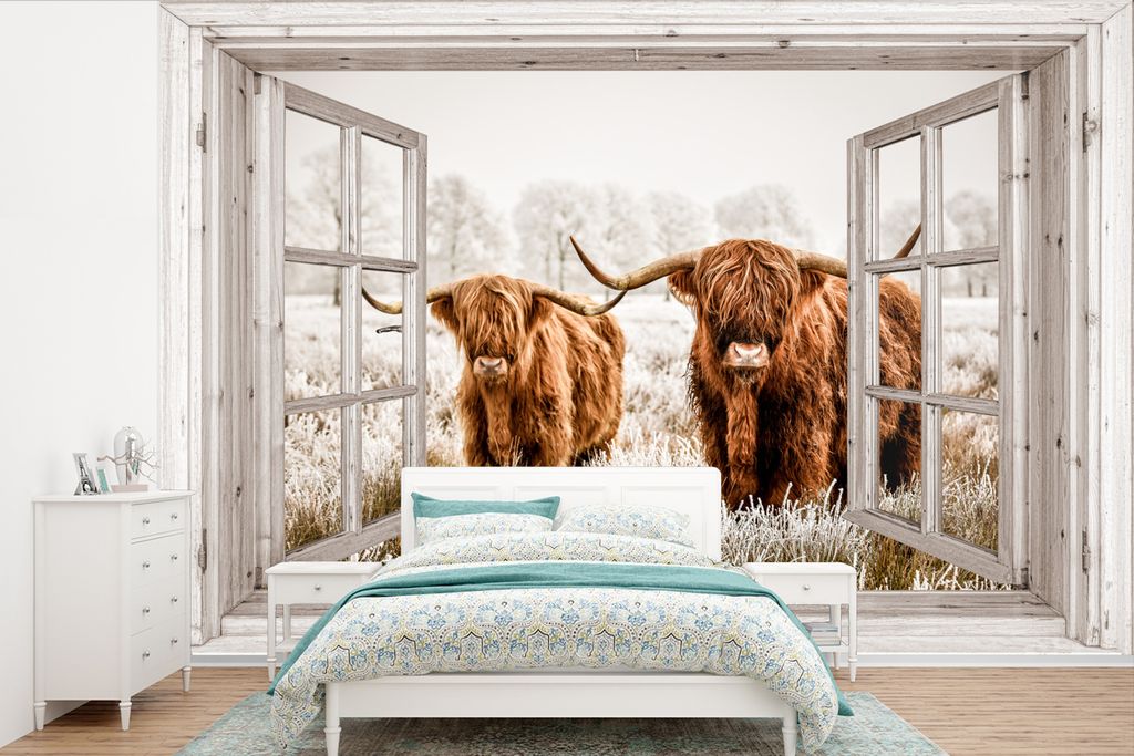 MuchoWow Fototapete für Wohnzimmer oder Schlafzimmer Wandtapete Vinyl Motivtapete Durchblick - Schottische Highlander - Tiere - 600x400 cm - Vin...