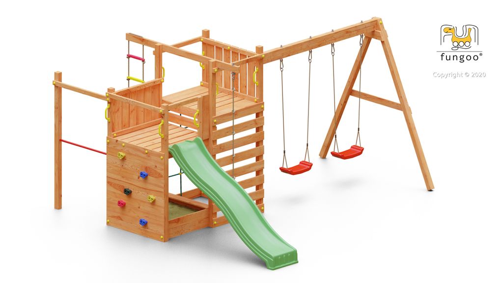 Fungoo Spielturm "Climbing Star 3" teak mit Rutsche, Doppelschaukel, Kletterwand, Strickleiter, Kletternetz
