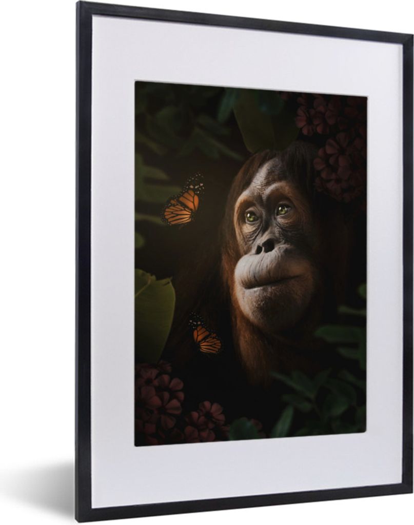 MuchoWow MuchoWow Gerahmtes Poster Schmetterling - Dschungel - Affe 30x40 cm - Poster mit zchwarzem Bilderrahmen - Wandposter Schlafzimmer