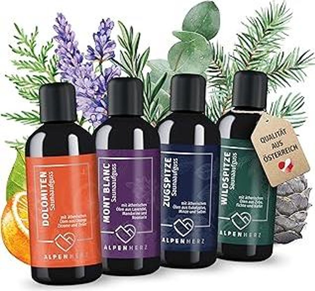 Alpenherz Saunaaufguss Set - 100% naturrein 4x 100ml mit ätherische Öle aus Lavendelöl, Eukalyptusöl, Zirbenöl & Minze Saunadüfte Aufgussmitt...