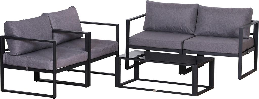 Vierteiliges Gartenmöbel Set, Sitzgruppe, Sofa mit Sitzkissen, Tisch mit Stauraum, Polyester, Grau, 138 x 69 x 63 cm