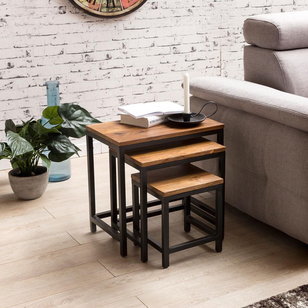 FineBuy 3er Set Design Beistelltisch Sheesham Satztisch Produktbild 
