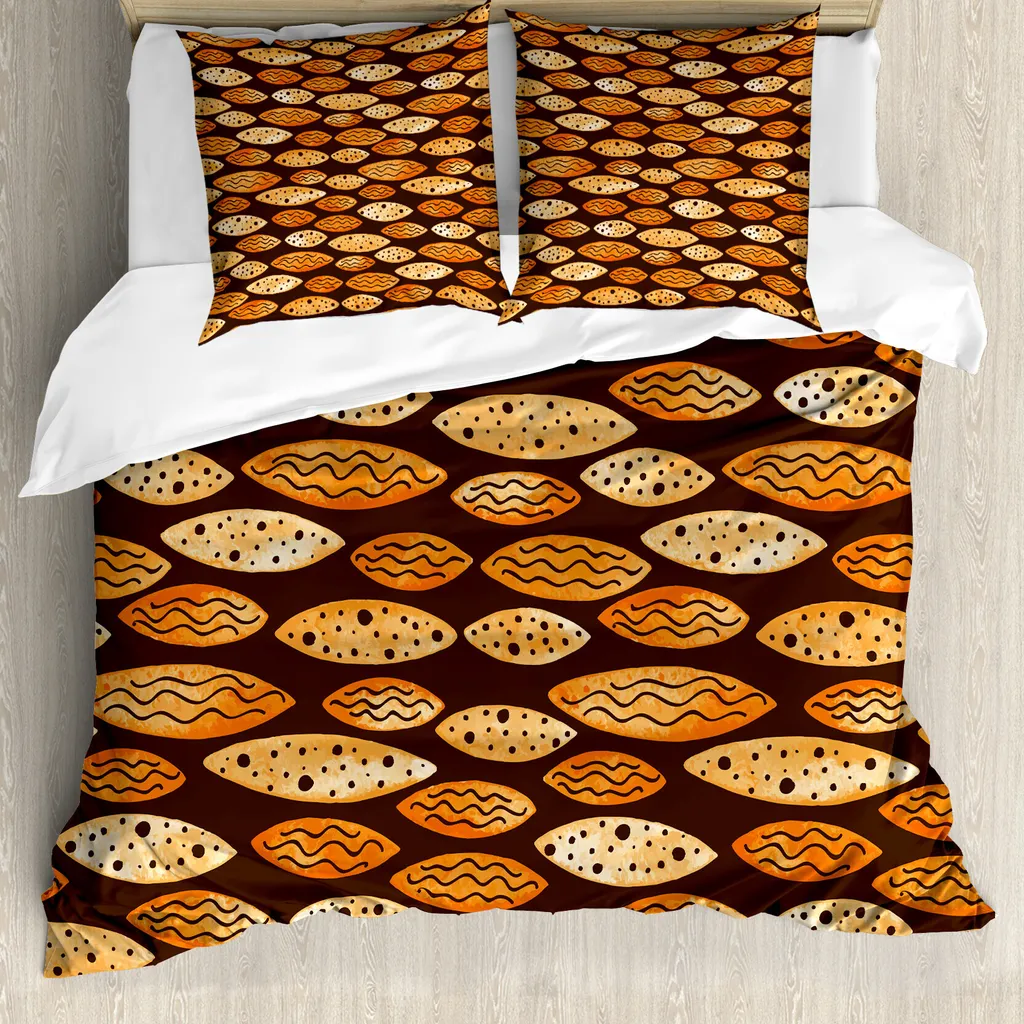 ABAKUHAUS Copripiumino astratto, Spots Waves Elliptic, antiacaro, adatto a chi soffre di allergie, con federe, 200 cm x 200 cm - 80 x 80 cm, arancione marrone