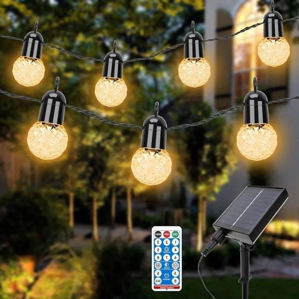 Guirlande solaire LED 2700K étanche avec télécommande et 25 ampoules