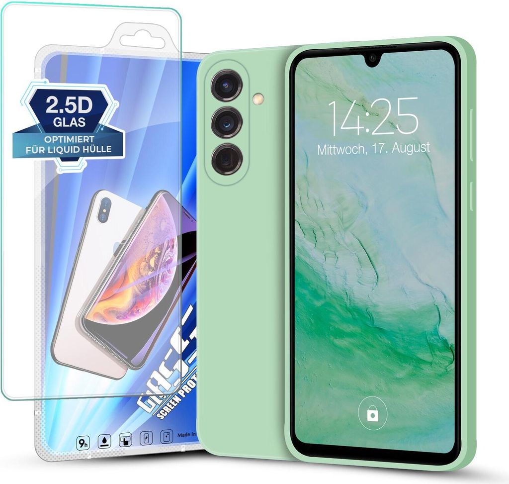 A phone case and screen protector are displayed together.
