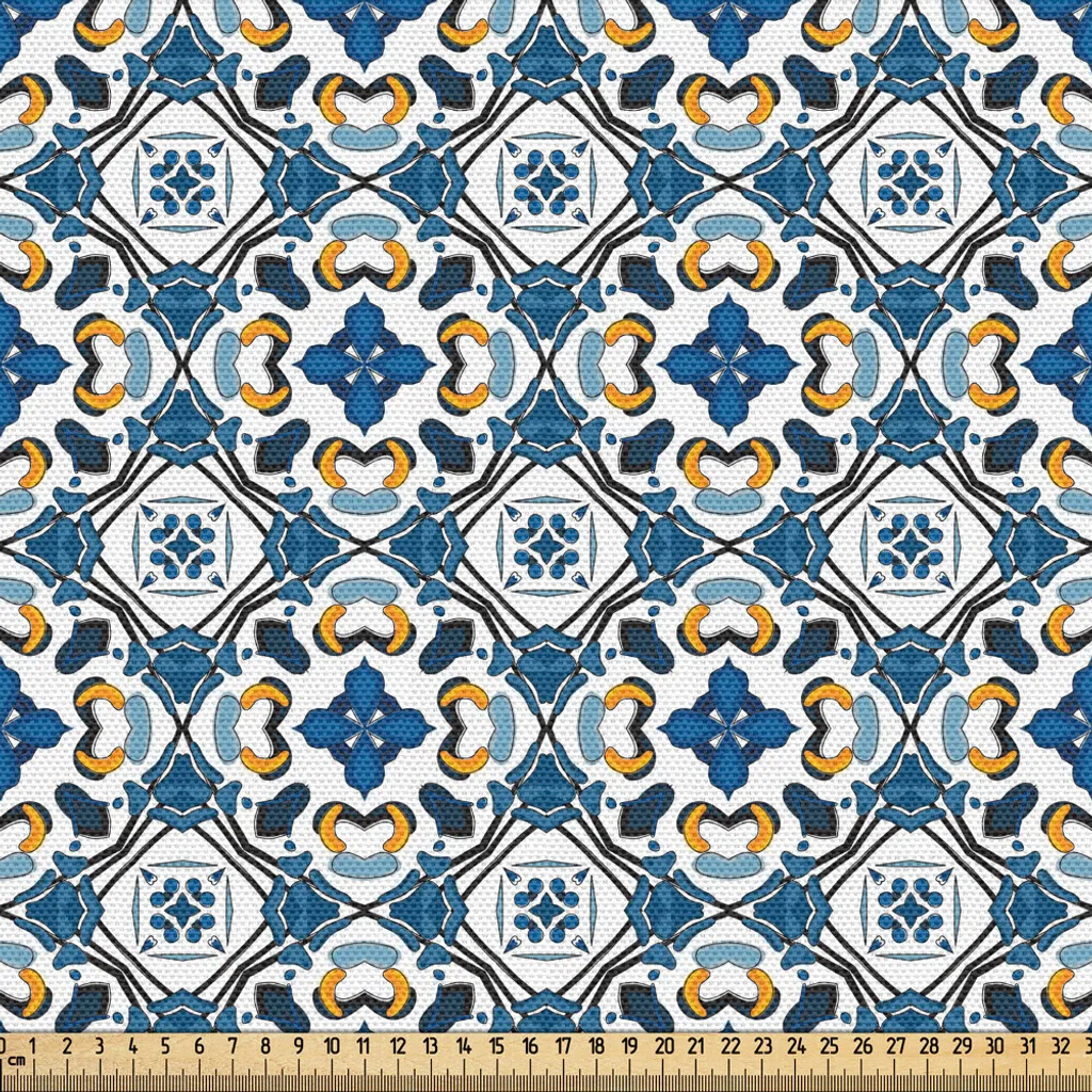 Tissu pour Nappe et Rideau Motif Carrelage Bleu Roi 148x300 cm