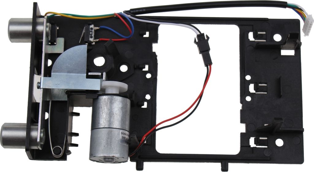 A close-up, overhead view of a door lock mechanism with a motor and wiring, set against a white background.