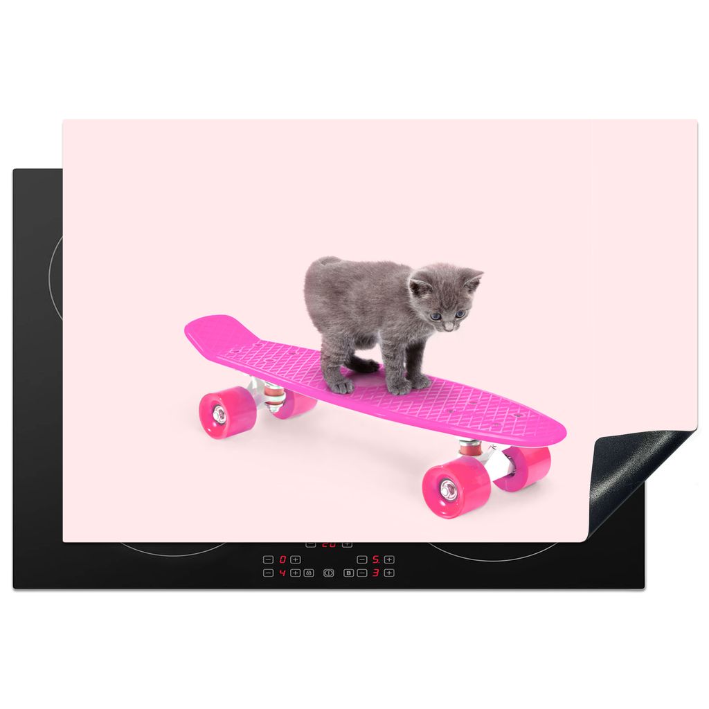 KitchenYeah Herdabdeckplatte Katze - Kätzchen - Tiere - Skateboard - Rosa , 77x51cm, Küche Deko, Glaskeramikkochfeld Herdabdeckung, Abdeckplatt...