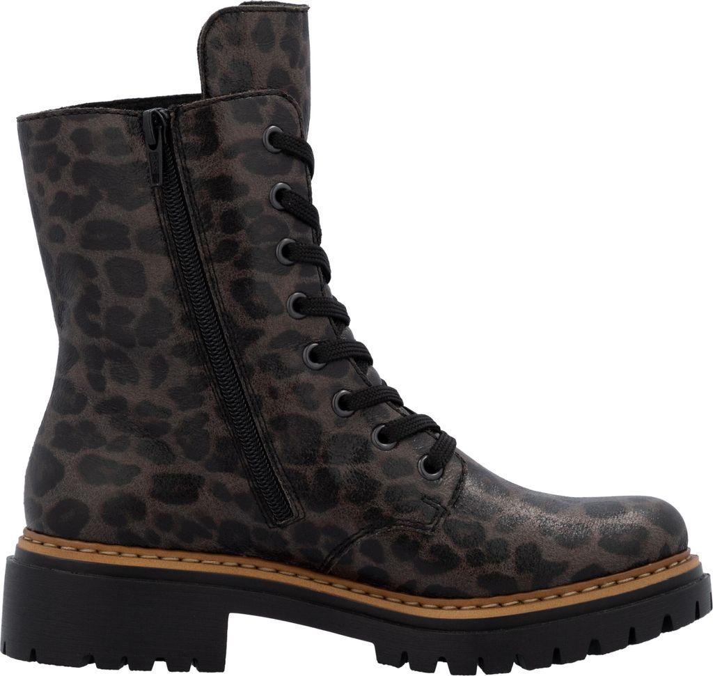 A side view of a brown leopard print lace-up boot.