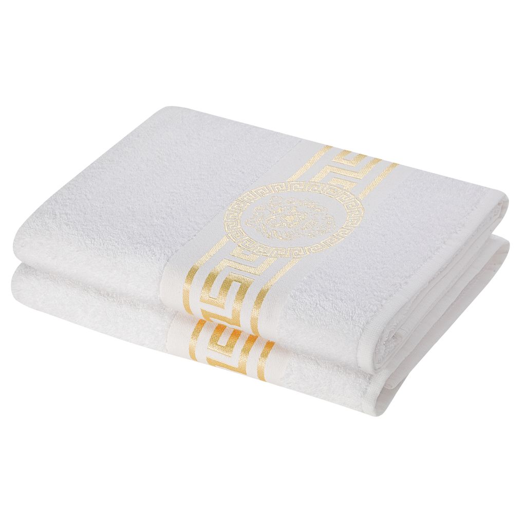 2er SET - Mäander Löwe Handtücher Duschtücher Gästetücher Saunatücher Flauschige Frottee Baumwolle in Weiss Gold 70 cm x 140 cm