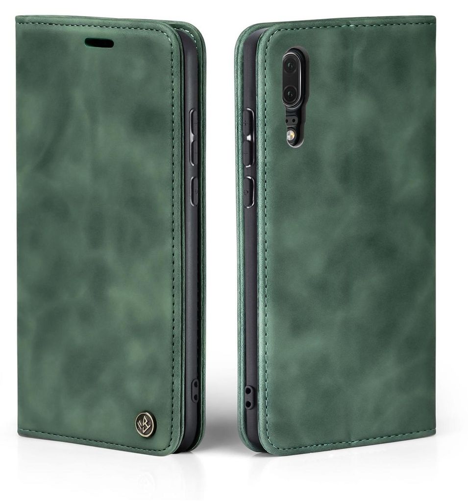 A green flip cover phone case for a Huawei P20 is shown from two angles.