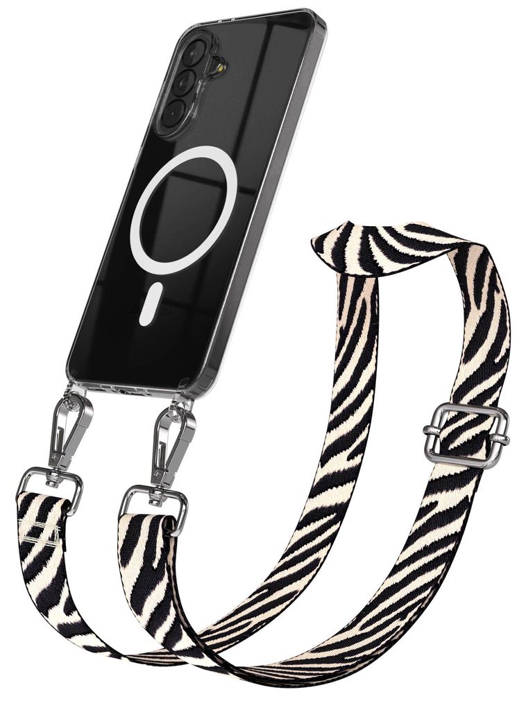 EAZY CASE - Handykette mit MagSafe Hülle für Samsung Galaxy A37, Handyband Zebra Style, Karabiner Silber, Umhängeband in Schwarz
