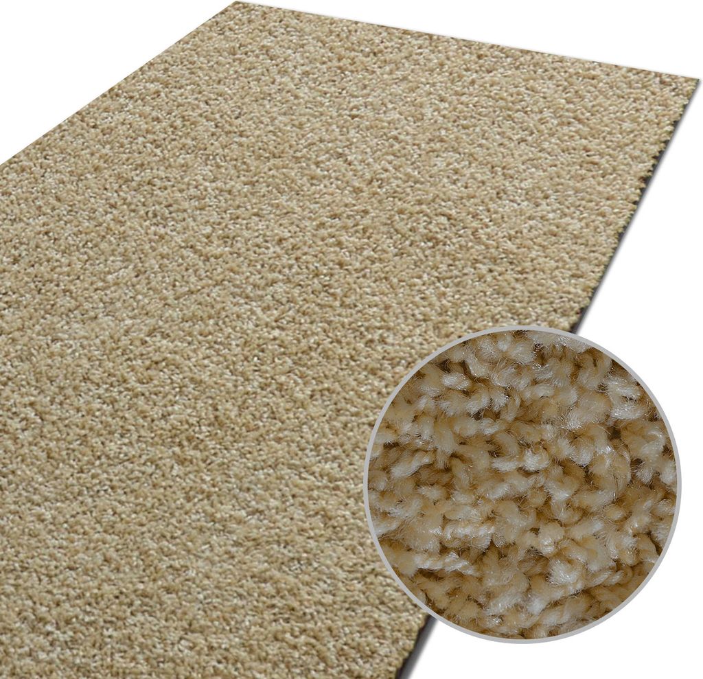 A close-up view of a beige shaggy rug with a magnified inset showing the texture of the fibers.