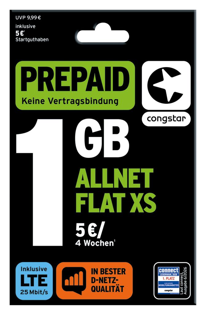congstar Prepaid Allnet XS: 1 GB Datenvolumen & Flatrate Produktbild 