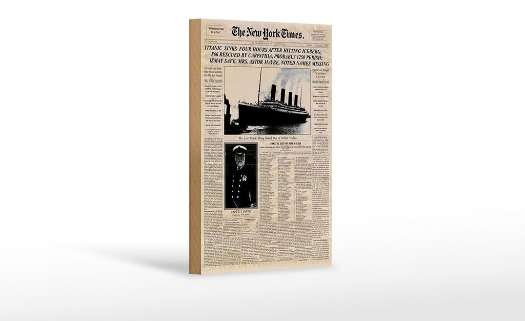 Holzschild Zeitung 12x18cm New York Times Titanic sinks Produktbild 