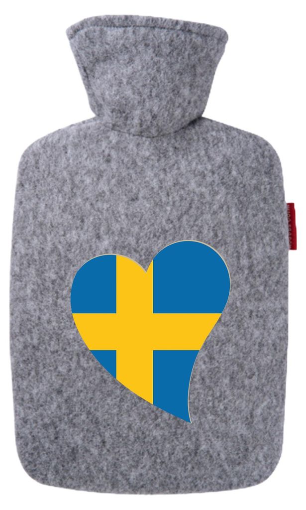 Huuraa Wärmflasche Schweden Flagge Herz 1,8 Liter Filz Classic Filzbezug Bettflasche Geschenkidee