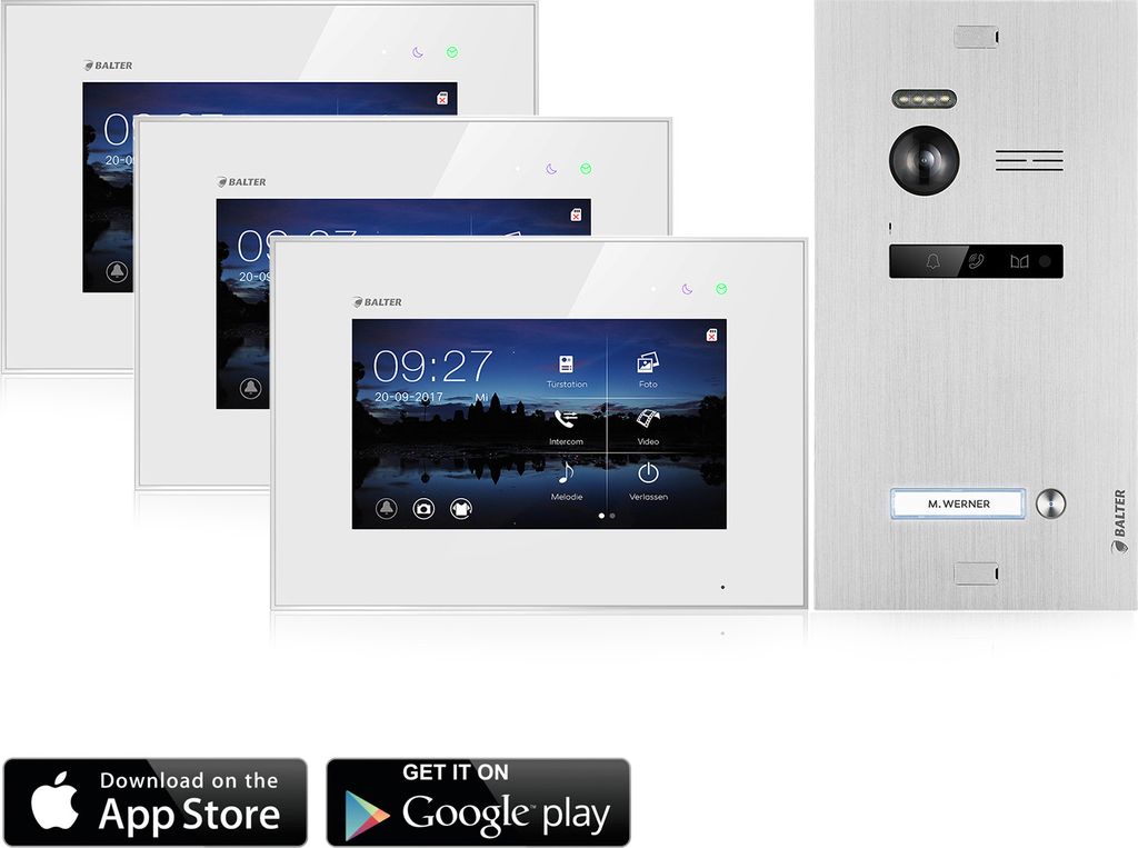 Video Türsprechanlage mit Smartphone App für 1 Familienhaus, 3x Monitore, Balter EVO WLAN