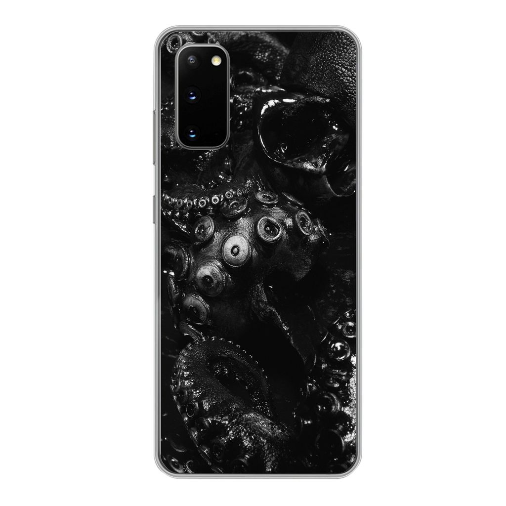 MuchoWow Handyhülle Schutzhülle Hülle für Samsung Galaxy S20 Nahaufnahme Oktopus auf schwarzem Hintergrund in schwarz und weiß Silikon Softc...