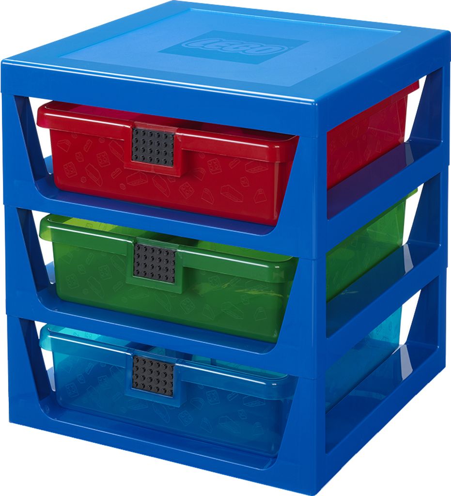 A blue plastic storage drawer unit with three drawers: red, green, and transparent blue.