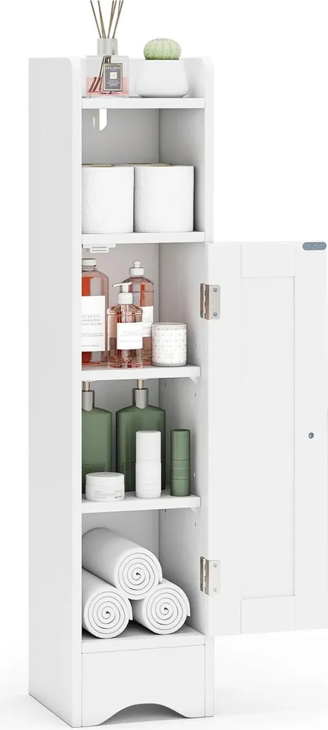 Armoire de toilette étroite blanche avec étagères réglables en bois