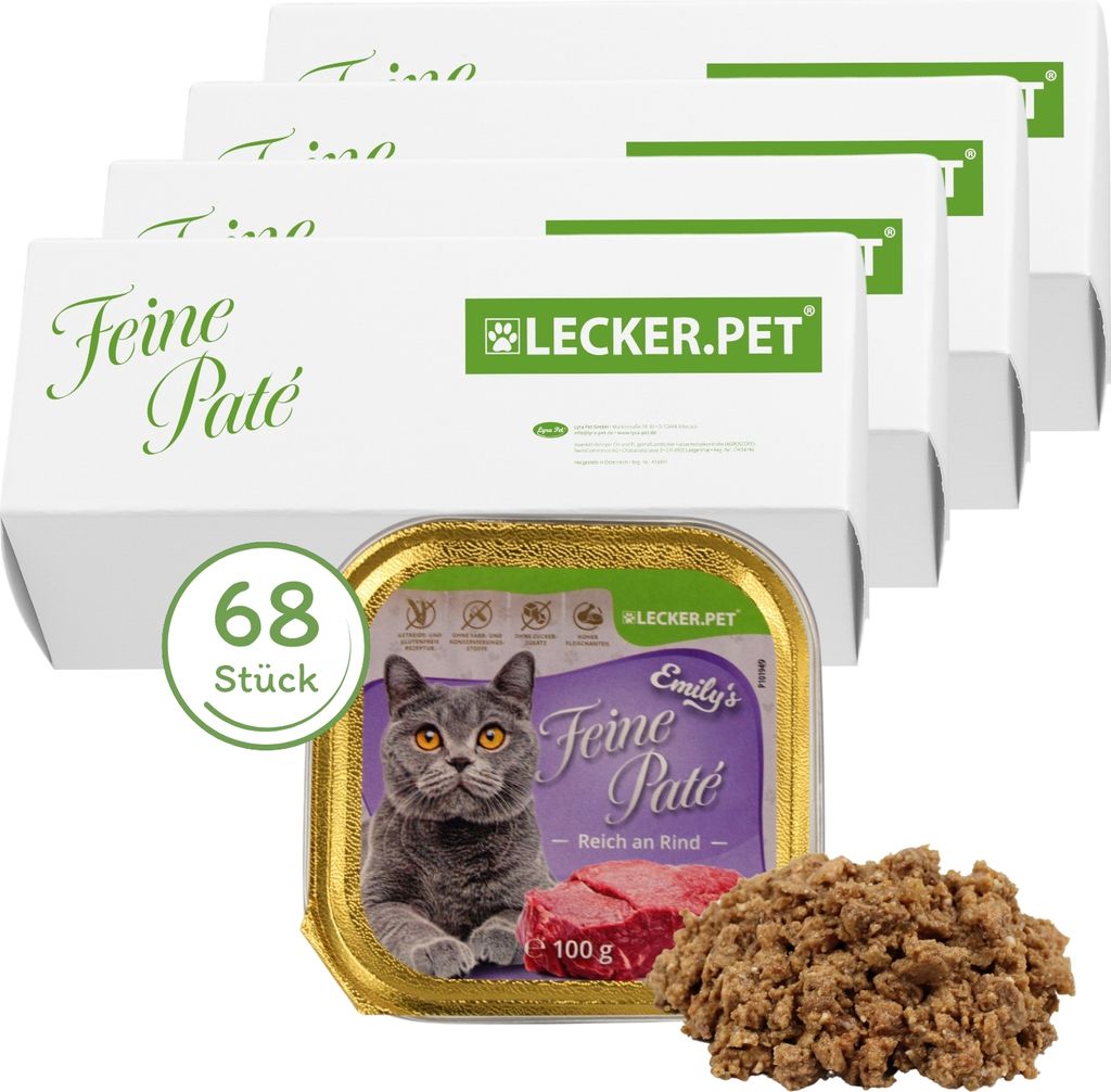 68 x 100 g Lecker.Pet Emily's Feine Paté Reich an Rind Katzenfutter Nassfutter Vollnahrung