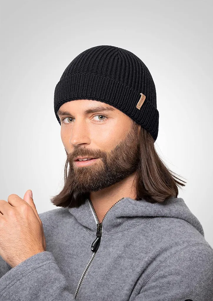 Bonnet court Giesswein Grimming bleu, tricot doux et revers confortable
