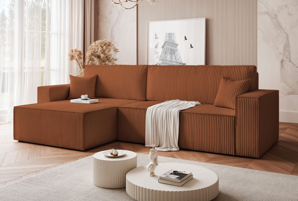IDOHOME-Universelles Polsterecksofa PARIS XL mit Schlaffunktion und Bettkasten Ecksofa in L-Form Wohnzimmer Sofa Couch Poso 40 Ziegelrot