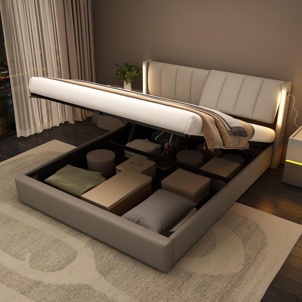 Flieks Lit rembourré 140x190cm avec USB, Lit de rangement Image du produit 