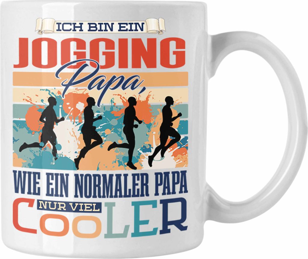 Trendation - Jogging Papa Tasse Geschenk Vater Geschenkidee zum Vatertag Hobby Joggender Papa Spruch Lustig (Weiß)