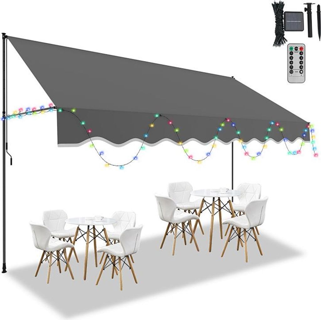 Faziango Klemmmarkise mit LED 400x120cm Balkonmarkise, UV-beständig 50+ höhenverstellbar Sonnenschutz ohne Bohren für Terrasse und Balkon Grau
