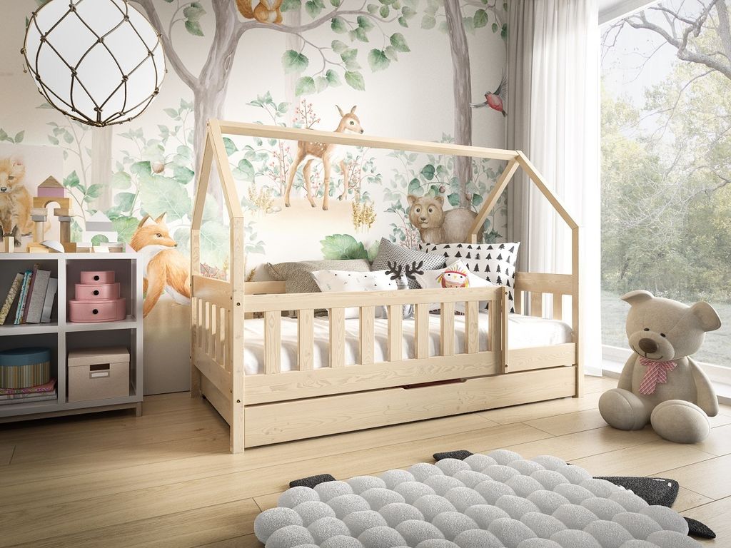 TYMEK Hausbett 80x160 cm hölzern mit Schublade im skandinavischen Stil, Kieferholz