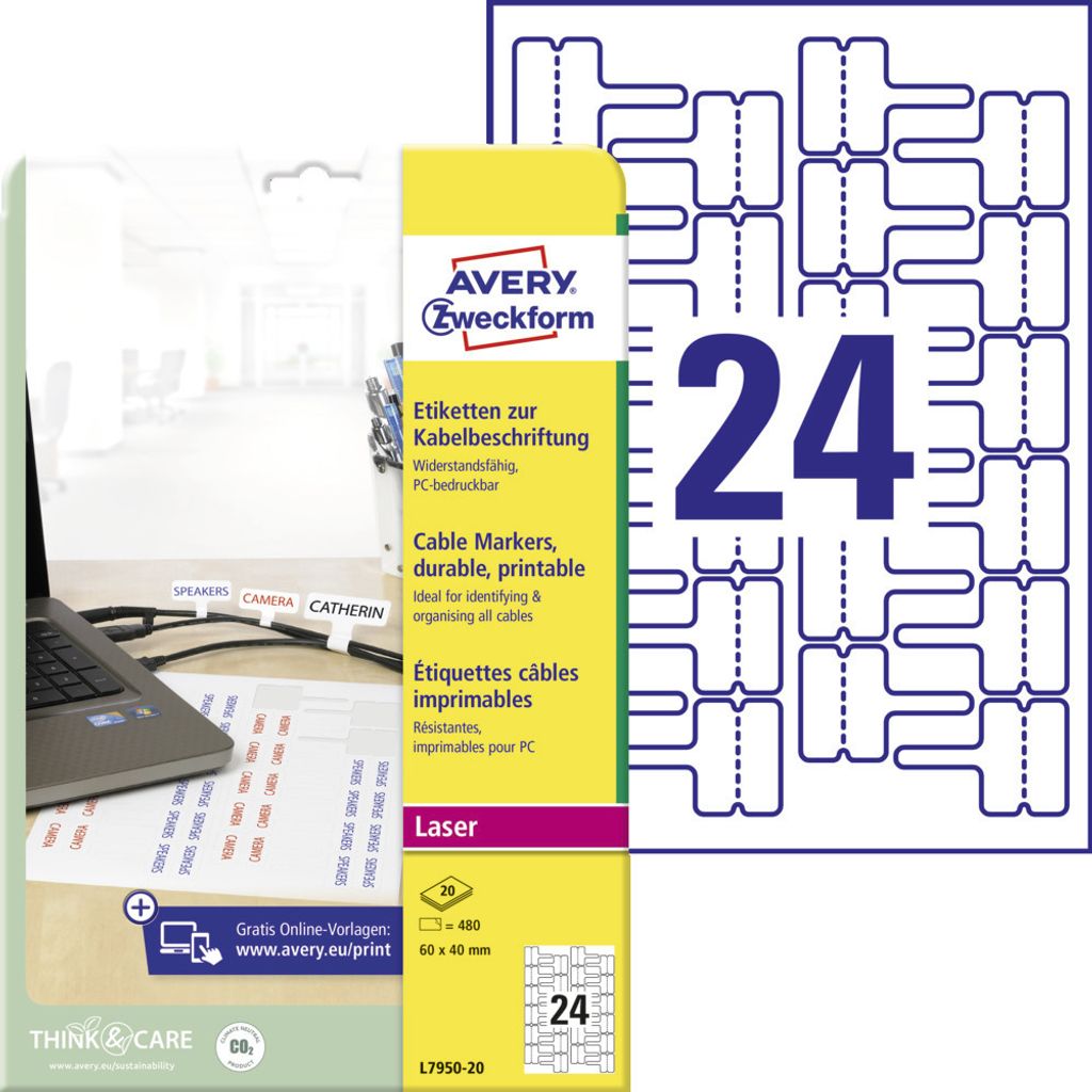 Avery Zweckform L7950-20 Etiketten zur Kabelbeschriftung, 60 x 40 mm, 20 Bogen/480 Etiketten, weiß