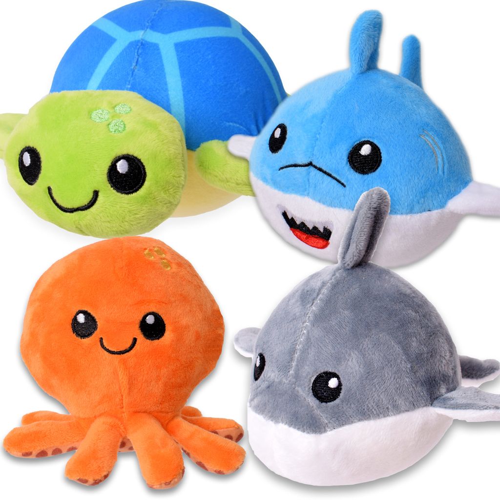 4 Stück TE-Trend Coole Plüsch Squishys Quetsch Ball Plüschtier Set Spielzeug Erwachsene Kinder Antistress 8cm Motive mehrfarbig sortiert