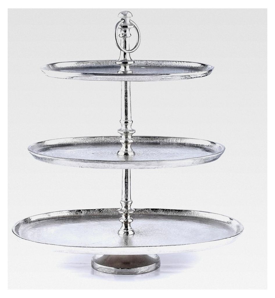 Etagere mit 3 Etagen in ovaler Form aus Aluminium, 48 cm hoch, silberfarben