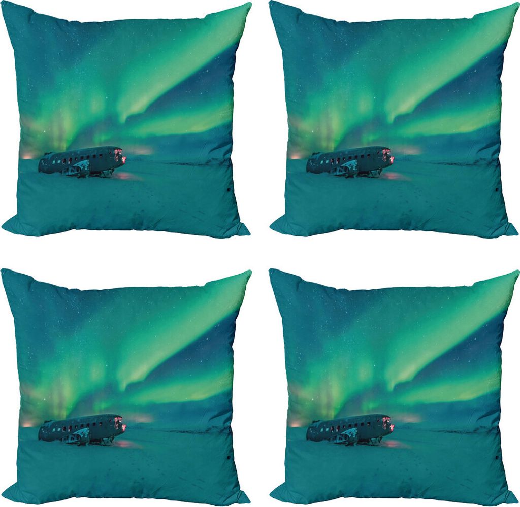 ABAKUHAUS Nordlicht Kissenbezug Set (4 Stück), Misty Winter Day, Moderner Doppelseitiger Digitaldruck, 45 cm x 45 cm, Petrol Blue Lime Grün