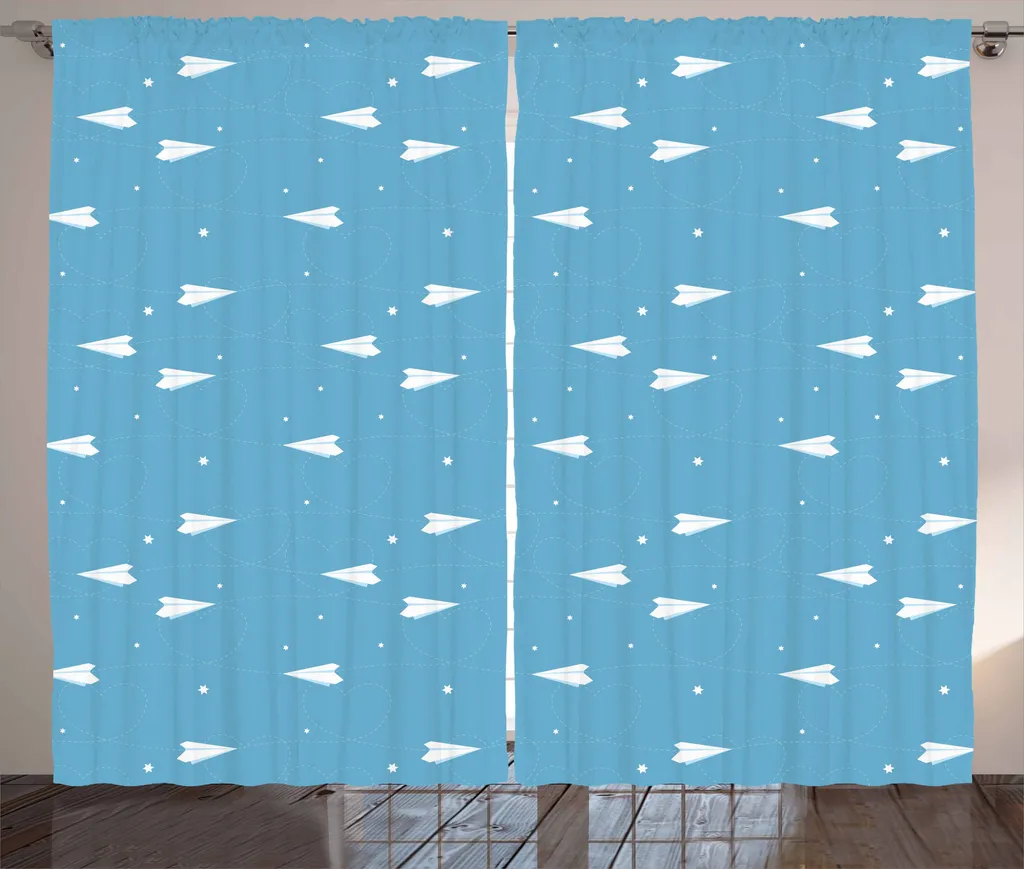 ABAKUHAUS Tenda rustica con motivo aeroplani, cuori Fun Kids Play, tenda con passanti e ganci per camera da letto, 280 x 175 cm, blu e bianco