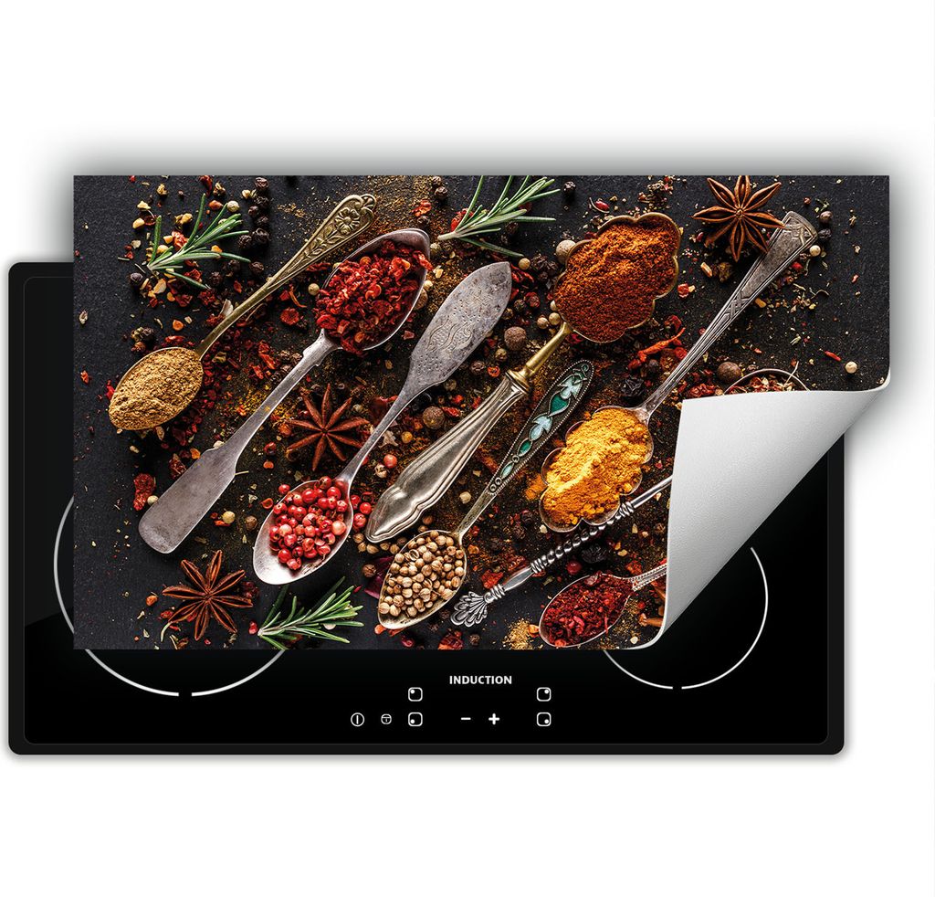 DarHaus Herdabdeckplatte 90x52 cm Anti Rutsch Matte Aufrollbar, Löffel - Kräuter