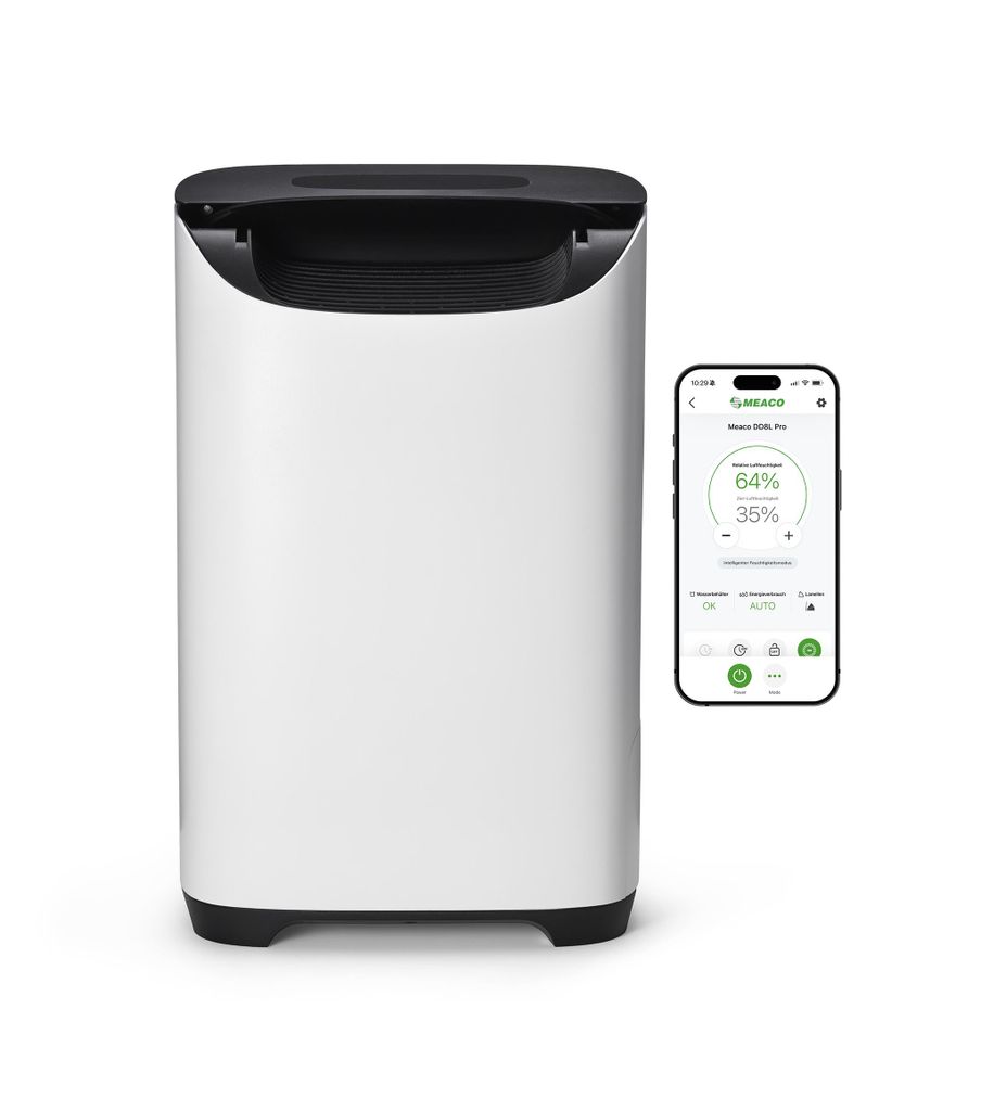 A white air purifier and a smartphone displaying its app interface are shown against a white background.