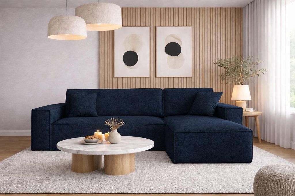 Kaiser Möbel Ecksofa mit schlaffunktion und bettkasten, Ecksofa L-Form, Eckcouch L-Form BEST stoff NEVE Rechts Dunkelblau