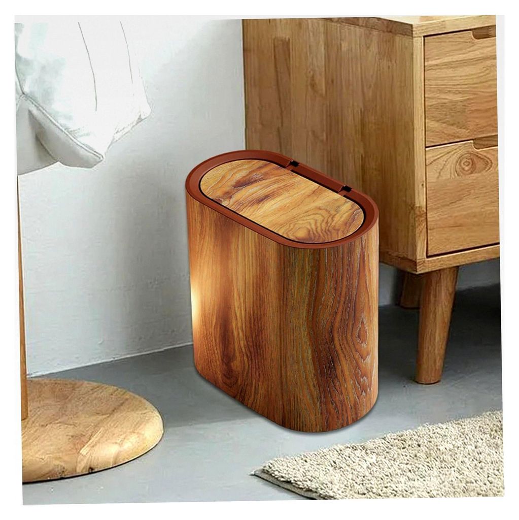 Schmaler Badezimmer-Mülleimer, wasserdicht und geruchshemmend, mit Deckel, Abfallkorb aus Kunststoff mit Holzmaserung für Küche, Schlafzimmer, B...
