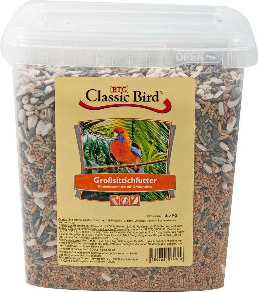 BTG Classic Bird Classic Großsittichfutter Eimer, Samen, 3,5 kg, Papagei, Gelbe Hirse, Kanariensaat, Sonnenblumenkerne gestreift, Buchweizen, Kard...