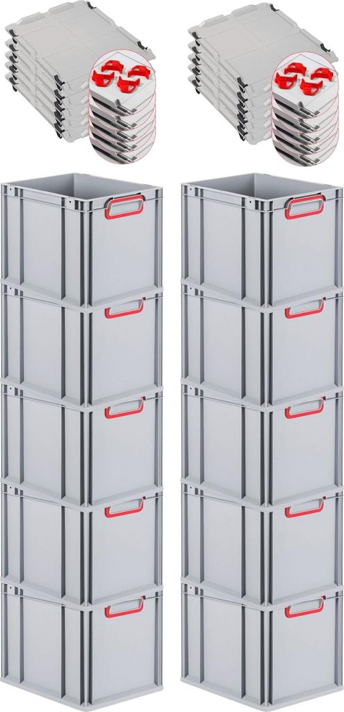 SparSet 10x Eurobox NextGen Color mit Auflagedeckel und Schiebeschnappverschlüsse | HxBxT 32x30x40cm | 30 Liter | Griffe rot geschlossen | Glatter...
