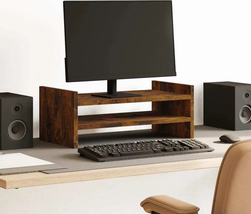 Supporto Per Monitor In Truciolato Rovere Artigianale – 50x27x15 Cm, Con 2 Scomparti, Per Scrivania