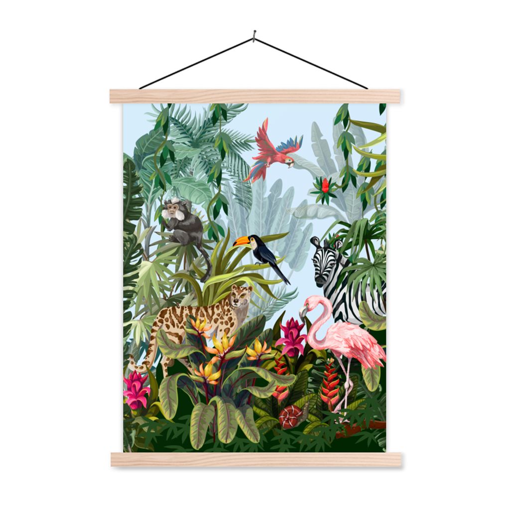 MuchoWow Textilposter Dschungel - Natur - Jungen - Mädchen - Kinder - Zebra - Flamingo 40x53 cm mit holzfarbenen Rahmen - Schlafzimmer