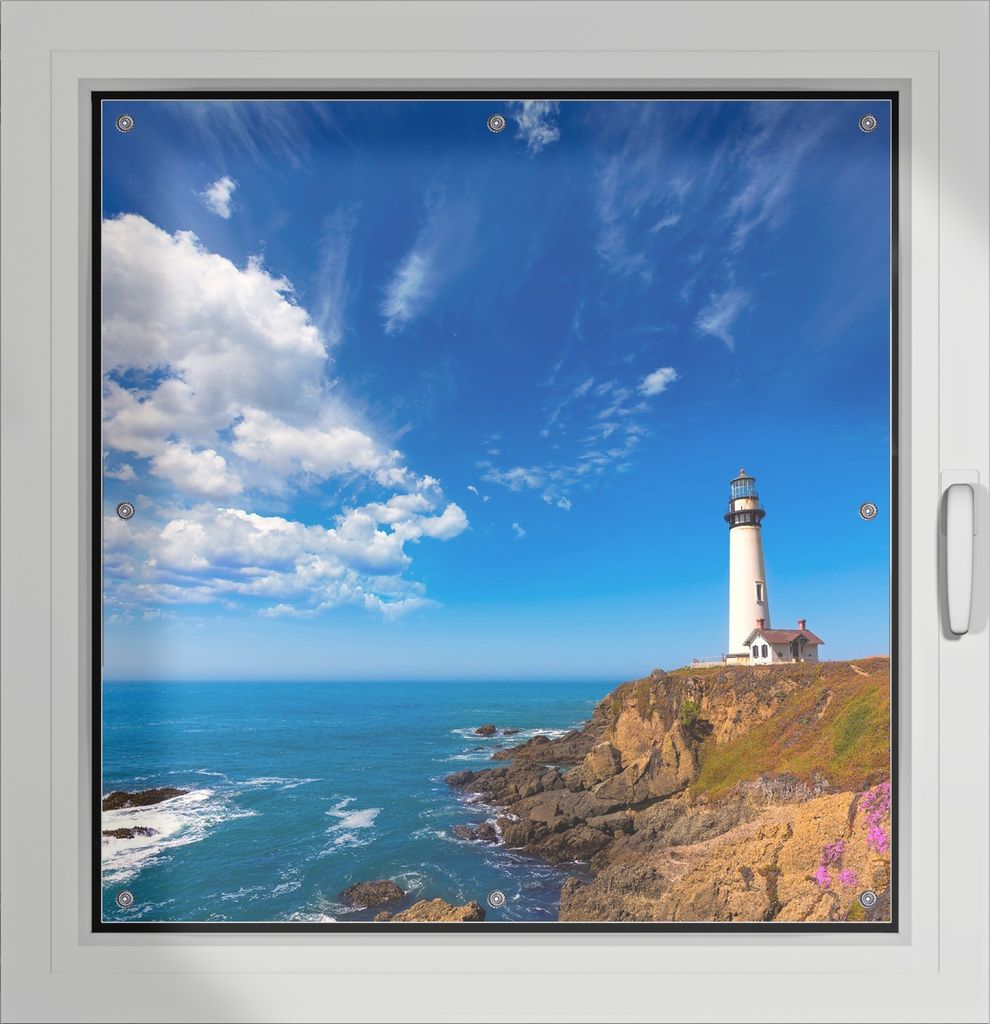Wallario Lichtschutzbild, Dekorativer Sichtschutz Sonnenschutz 96 x 100 cm mit Motiv: Leuchtturm auf einem Felsvorsprung - Blauer Himmel - Verdunkl...