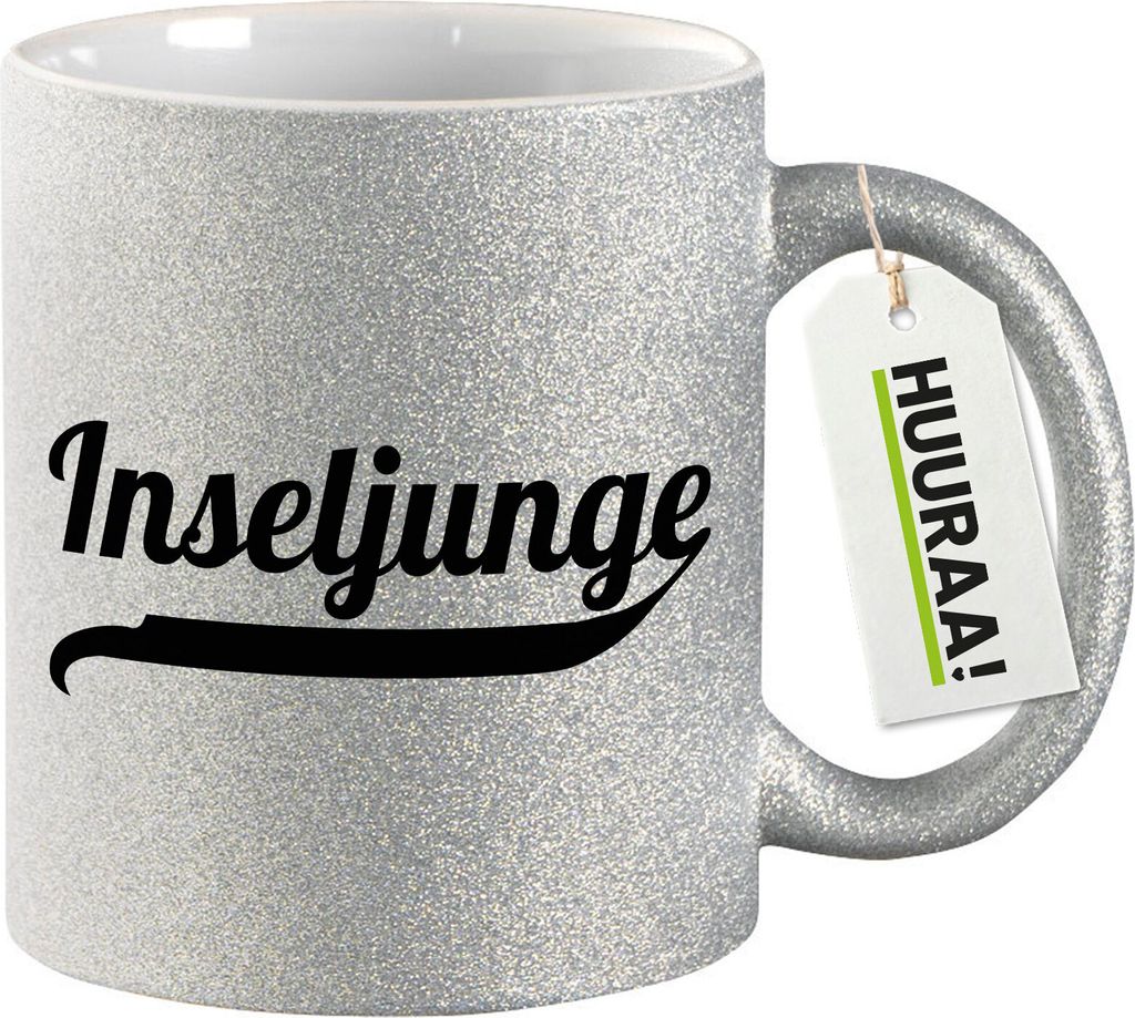 Huuraa Glitzertasse Inseljunge Schriftzug 330ml Silber Keramik Kaffeebecher Geschenkidee